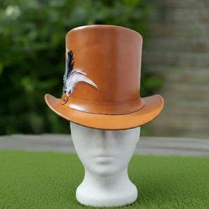 Handmade Orange Leather Steampunk Top Hat with Feather  Victorian Cosplay Costume Hat