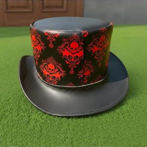 Handmade Leather Black Top Hat Red Skull Gothic Steampunk Halloween Costume Wear