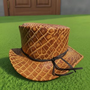 Brown Crocodile Print Leather Top Hat  Unisex Steampunk Bone Band Accessory