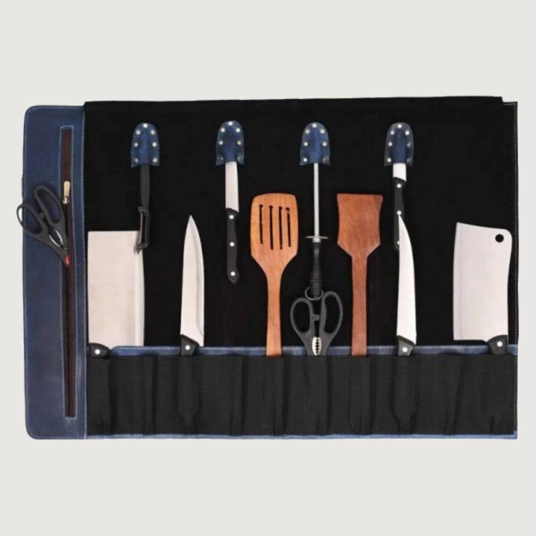 Personalized Blue Leather Knife Roll With Shoulder Strap