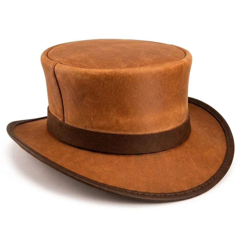 Handmade Brown Leather Top Hat Steampunk Western Cowboy Victorian Hat