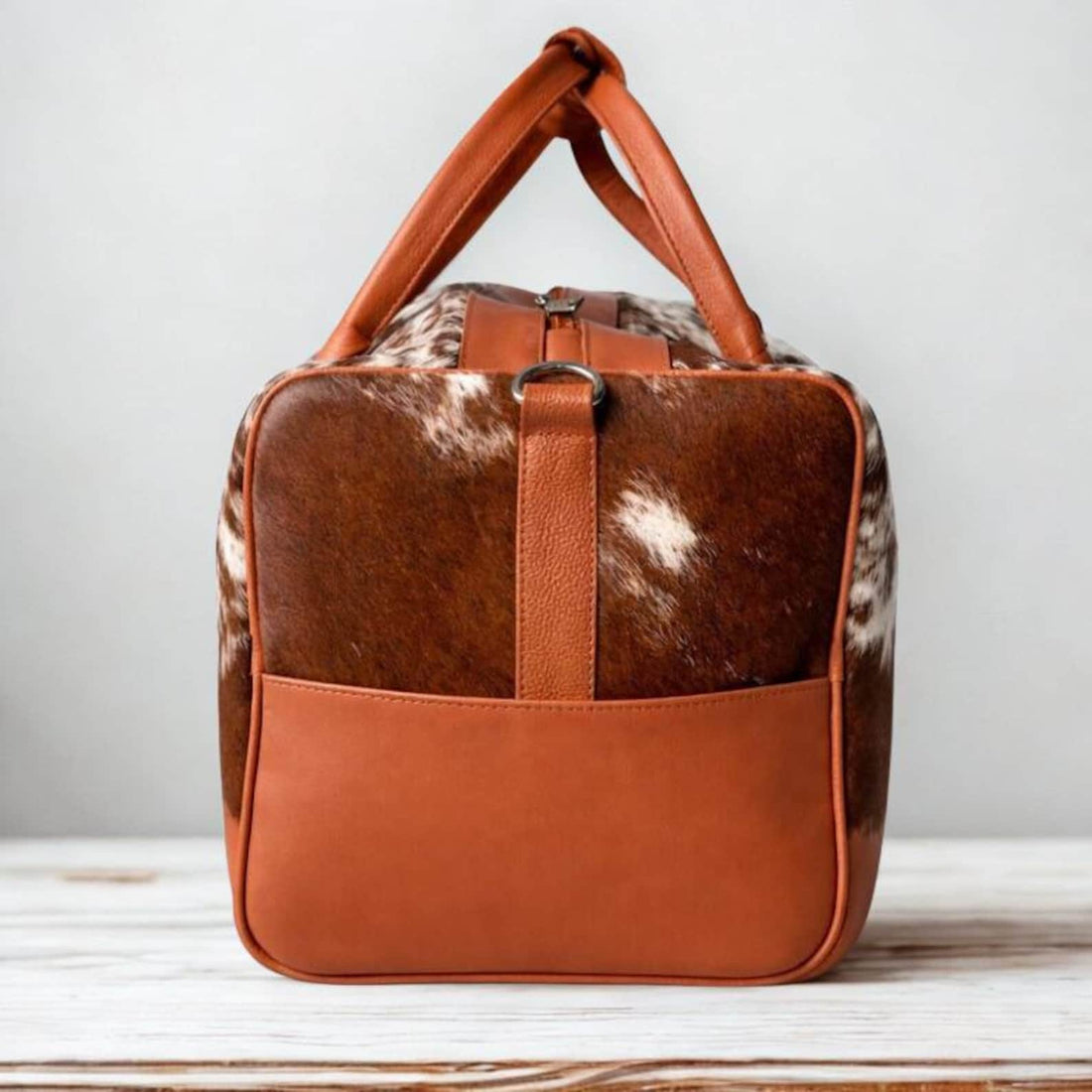 Tan  White Hair On Cowhide Duffel Bag  Handmade Leather Weekender