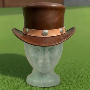 Handmade Brown Leather Top Hat Steampunk Western Hat with Concho Band