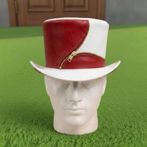 Handmade Red And White Leather Steampunk Hat Gothic Top Hat with Zipper Cosplay