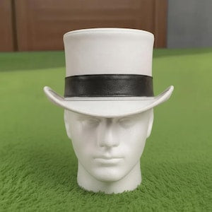 Handmade White Leather Top Hat with Black Band Victorian Wedding Steampunk Cosplay