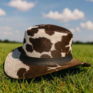 Handmade Unisex Cowhide Hair On Leather Top Hat  Western Band Festival Style