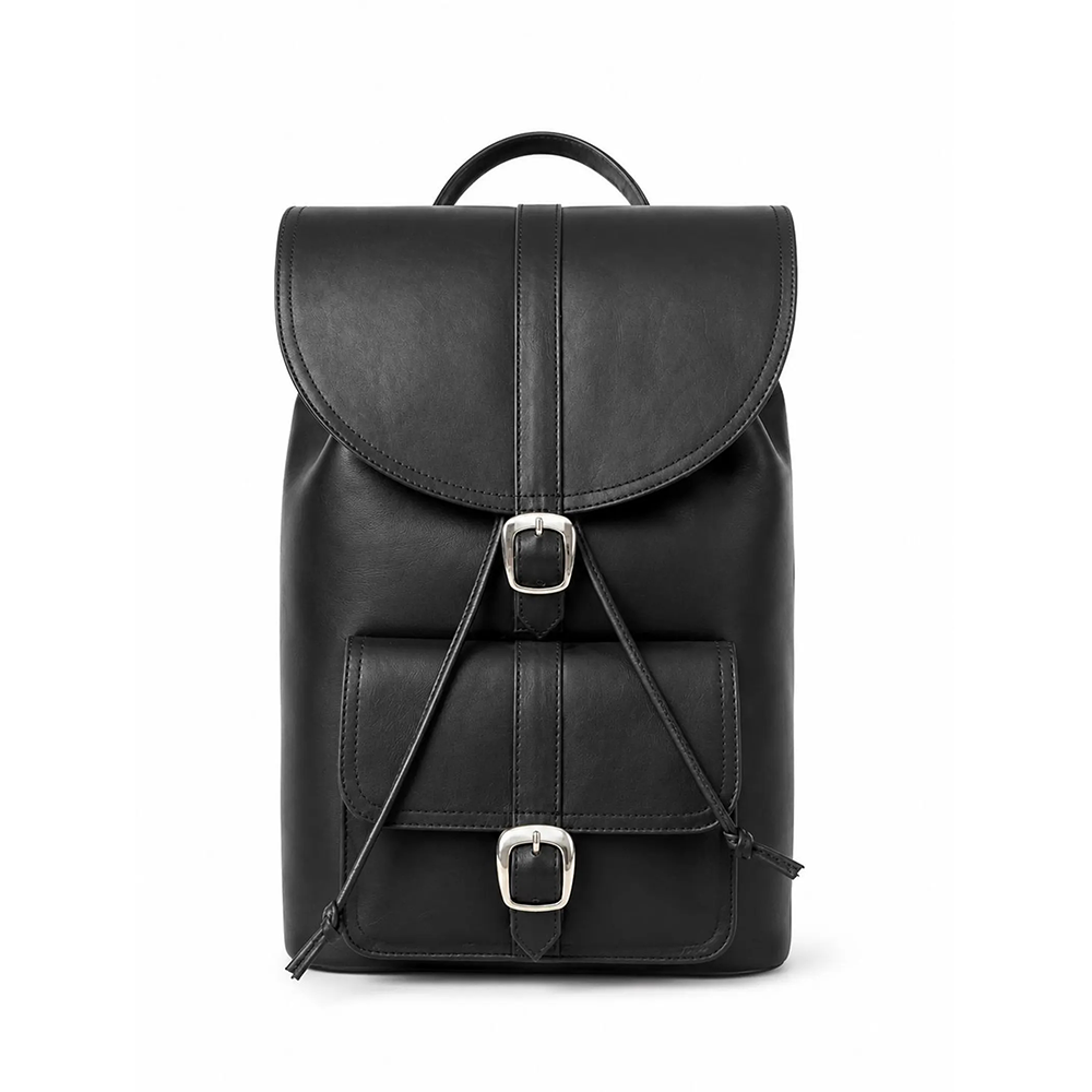 Black Leather Rucksack, Vintage Minimalist Travel Backpack, Laptop Bag