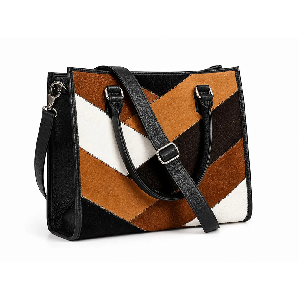 Cow Hairon Leather Tote Bag Western Patchwork Bohemian Handbag1