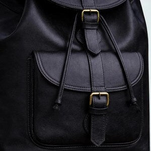 Handmade Full Grain Leather Backpack Black Rucksack White Stitch Vintage Laptop Bag
