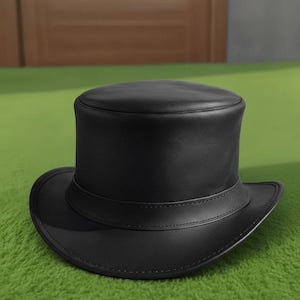 Handmade Black Leather Steampunk Top Hat with Feather Accent Gothic Festival Hat