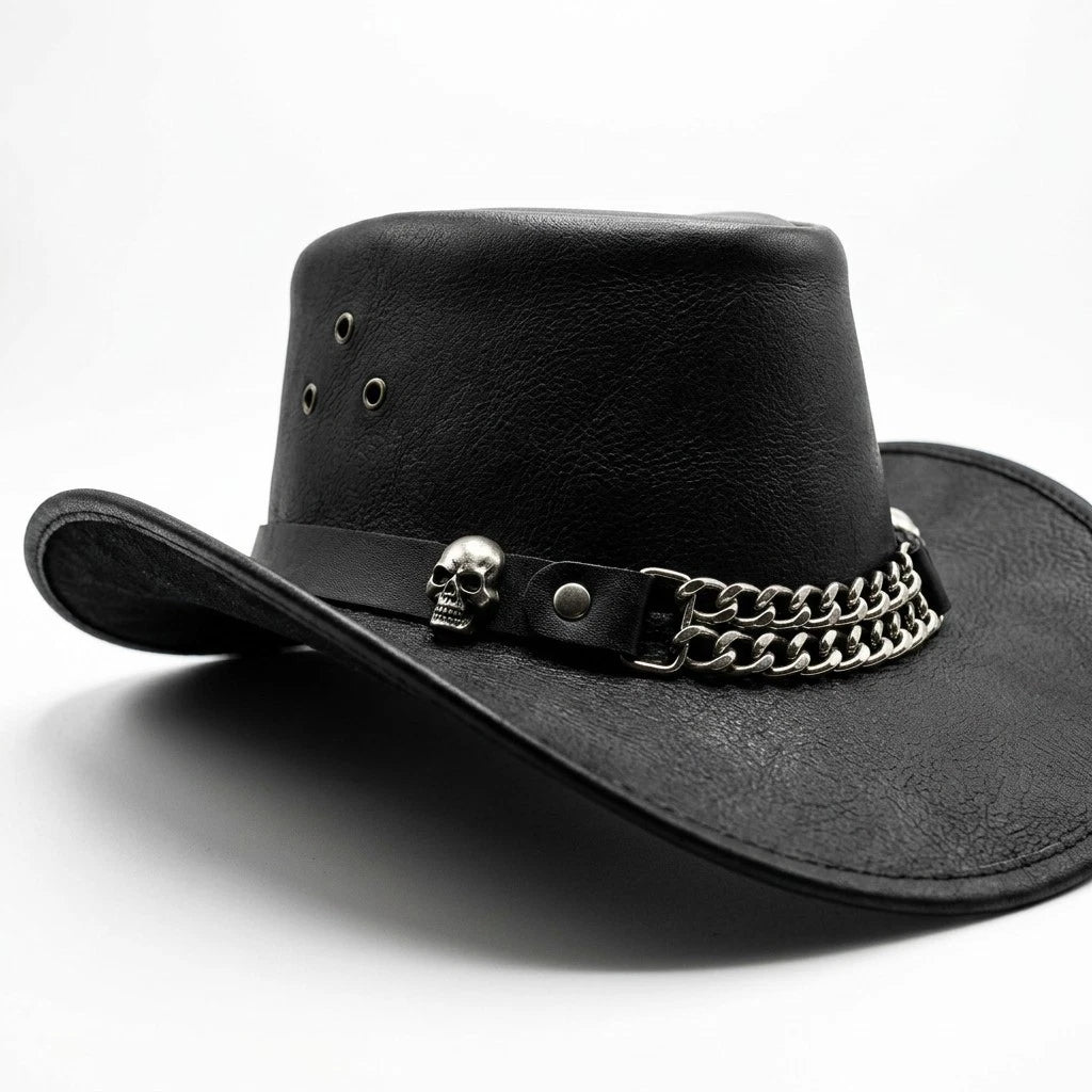 LuxHide Mens Cow Hide Leather Cowboy Western Skull Top Hat Handcrafted