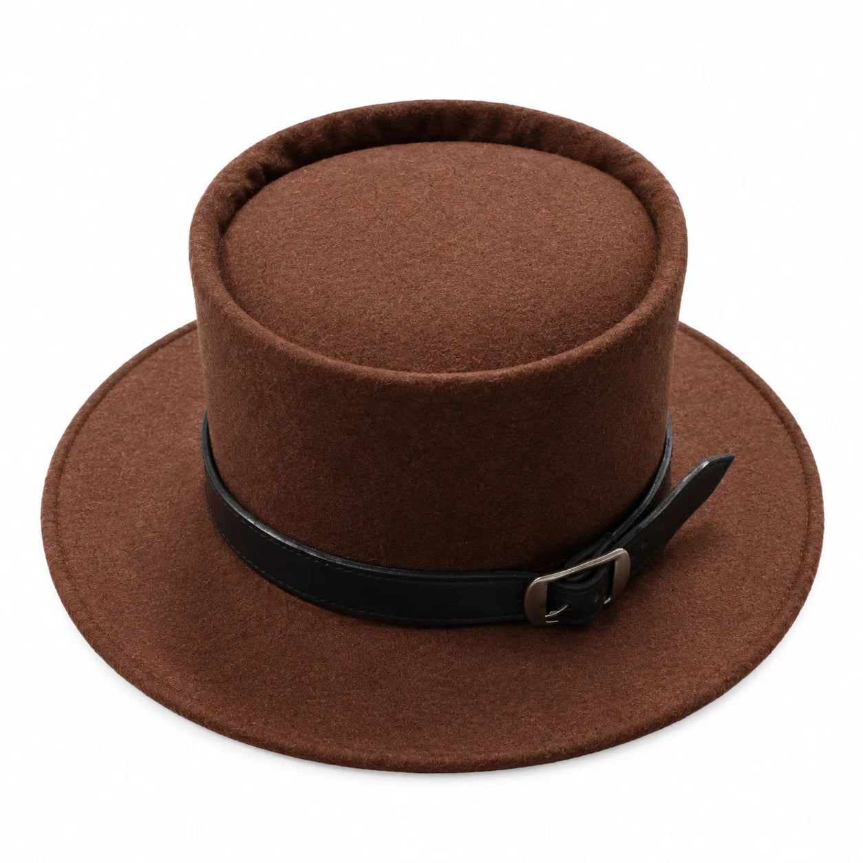 Brown Wool Felt Pork Pie Hat Tooled Leather Band Buckle Western Fedora Trilby