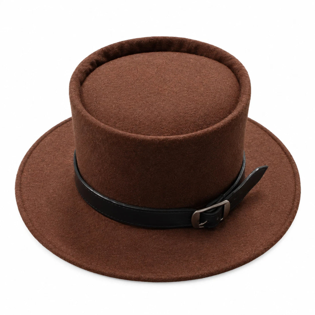 Brown Wool Felt Pork Pie Hat Tooled Leather Band Buckle Western Fedora Trilby