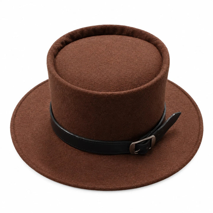 Brown Wool Felt Pork Pie Hat Tooled Leather Band Buckle Western Fedora Trilby