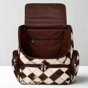 Handmade Cowhide Hair On Backpack  Diamond Patchwork Leather Rucksack
