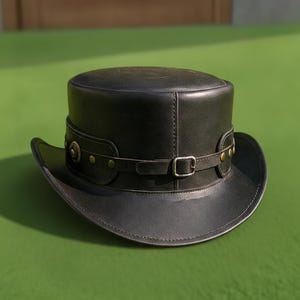 Handmade Black Leather Top Hat Steampunk Gothic Cowboy Style for man and women