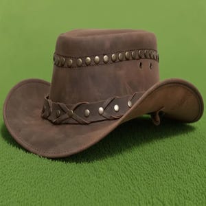 Handmade Distressed Brown Leather Cowboy Hat Western Style Braided Band