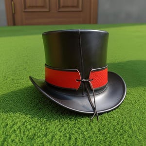 Handmade Black Leather Top Hat with Contrasting Red Band  Handcrafted Victorian Steampunk Hat