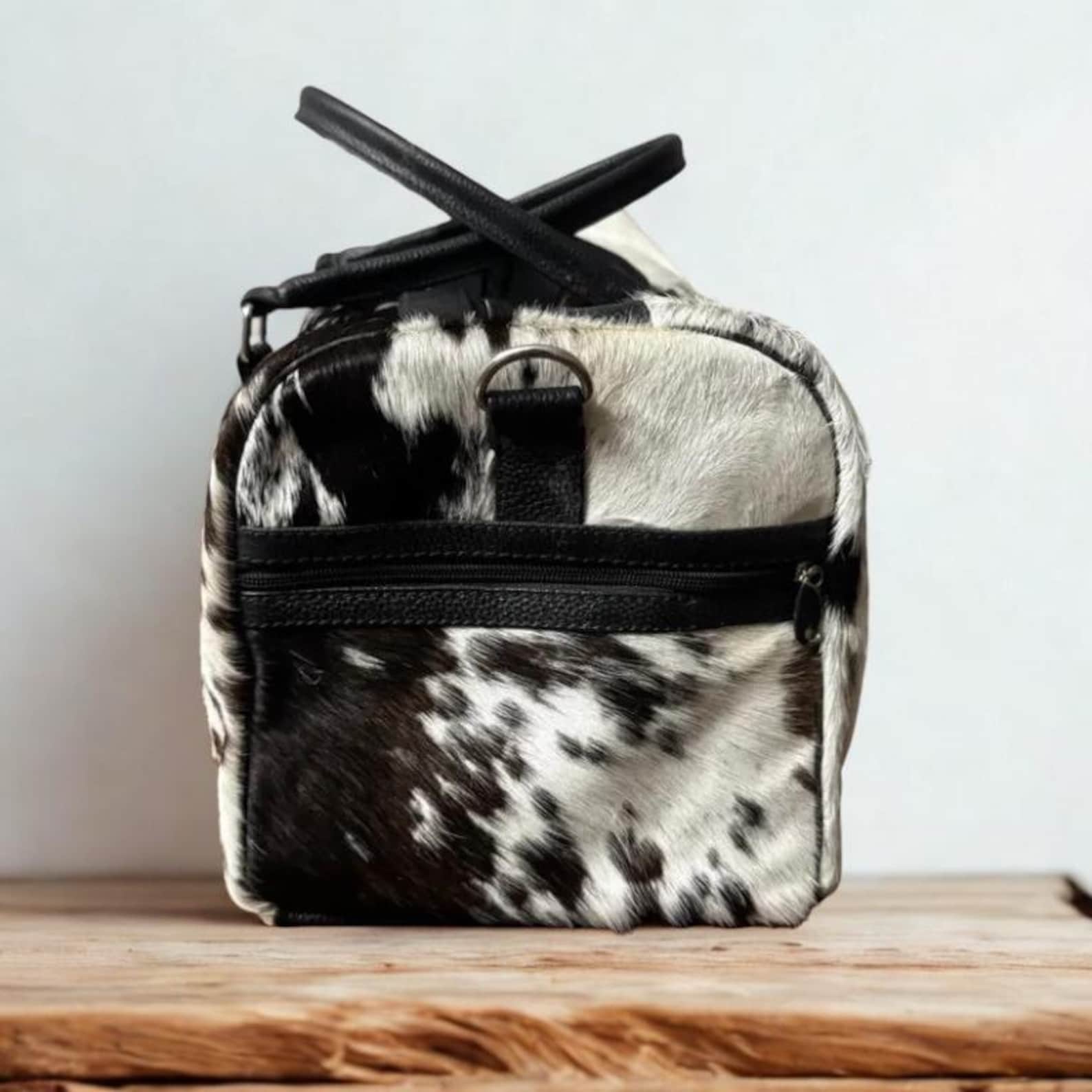 Black  White Cowhide Duffle Bag Handmade Western Weekender