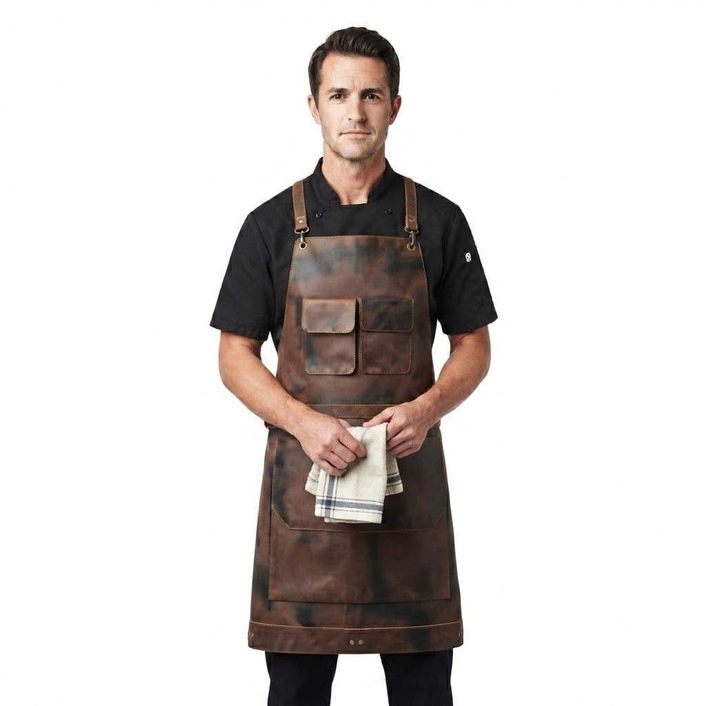 Dark Brown Full Grain Leather Apron with Cross Back Straps  Utility Pockets