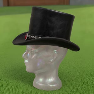 Handmade Black Leather Top Hat Gothic Steampunk Red Gem Chain Hat Festival Biker Costume