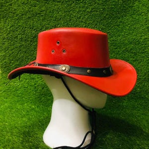 Handmade Red Leather Cowboy Hat, Western Rodeo Style Unisex Design