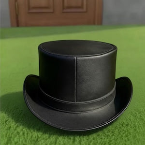 Handmade Black Leather Top Hat Gothic Steampunk with Skull Design Cosplay