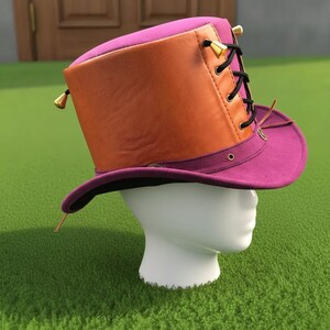 Handmade Purple Orange Leather Top Hat Steampunk Lace Up Cosplay Festival Wear
