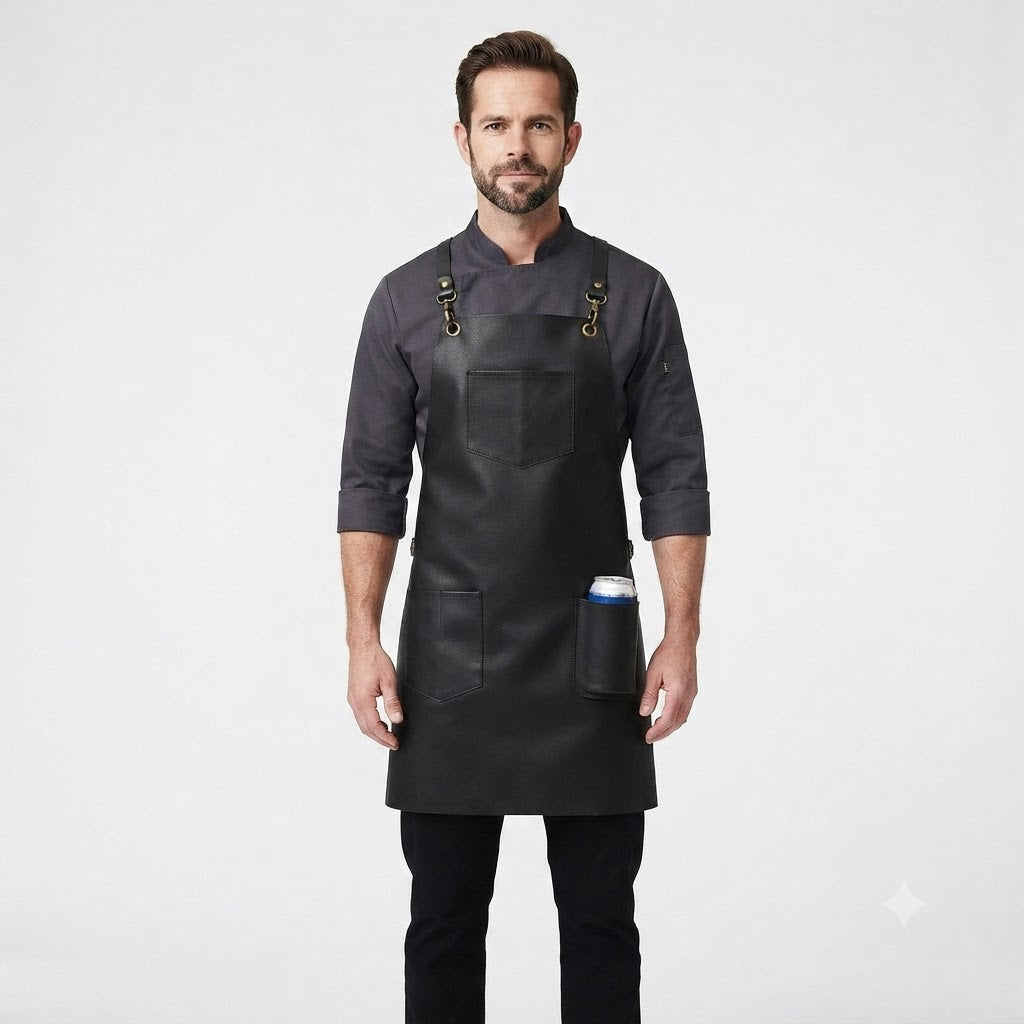 Handcrafted Black Full Grain Leather Apron with Tool Pockets  Adjustable Cross Back Straps
