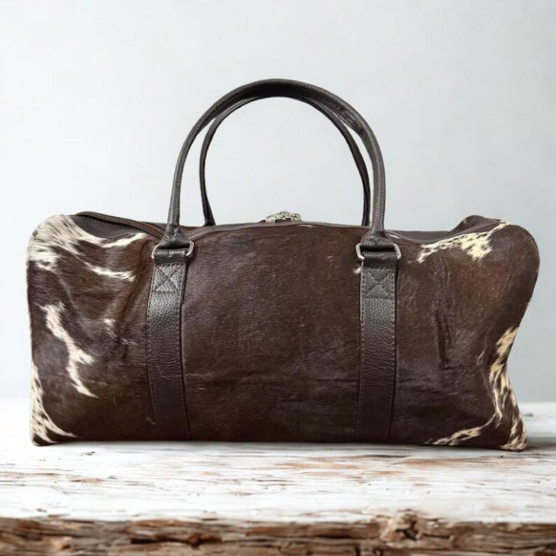 Brown  White Cowhide Duffel Bag  Hair On Hide Western Weekender