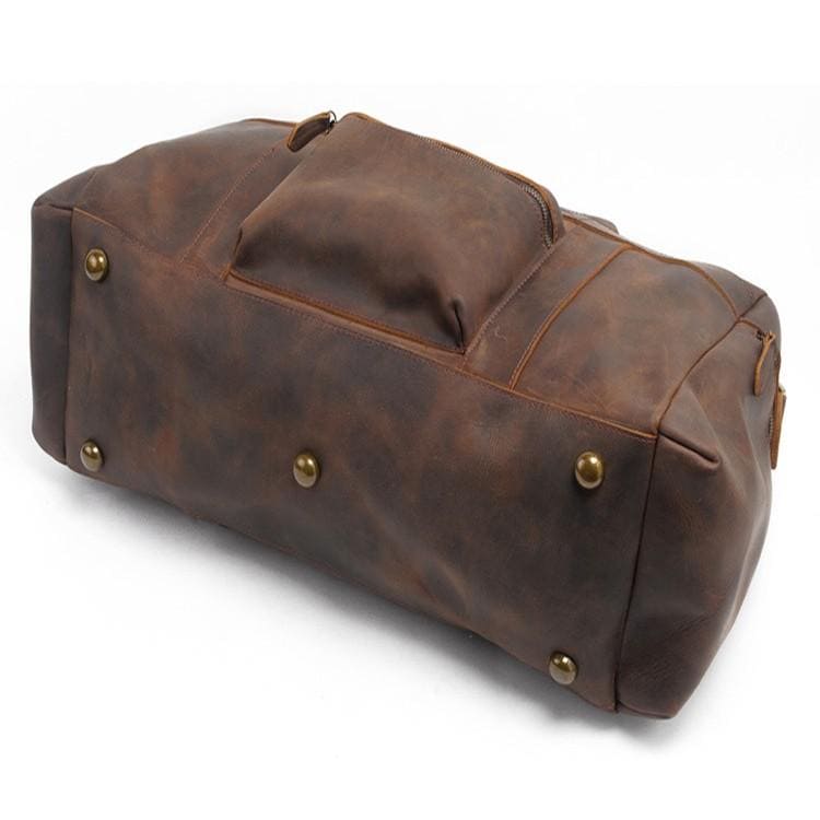 Barksons Leather brown travel duffel bag angled view showing zipper compartments and structured construction