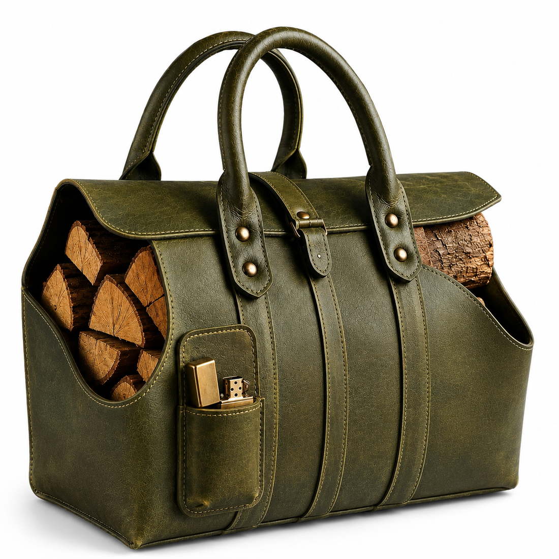 Handmade Full-Grain Leather Firewood Carrier Log Tote ΓÇô Rustic Farmhouse Storage Bag