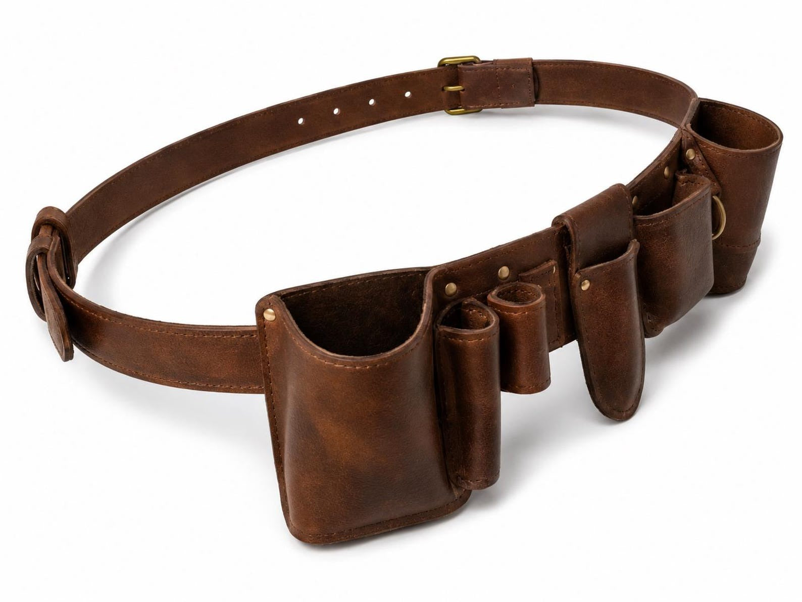 Handcrafted Leather Utility Belt Tool Organizer with Pocket Holders & Brass Hardware