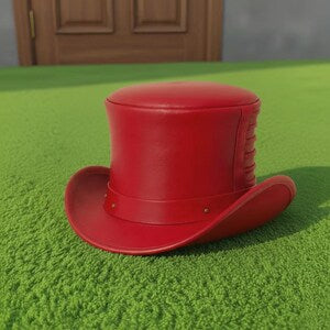 Handmade Unisex Red Leather Top Hat With Pleated Crown Steampunk Cosplay Hat