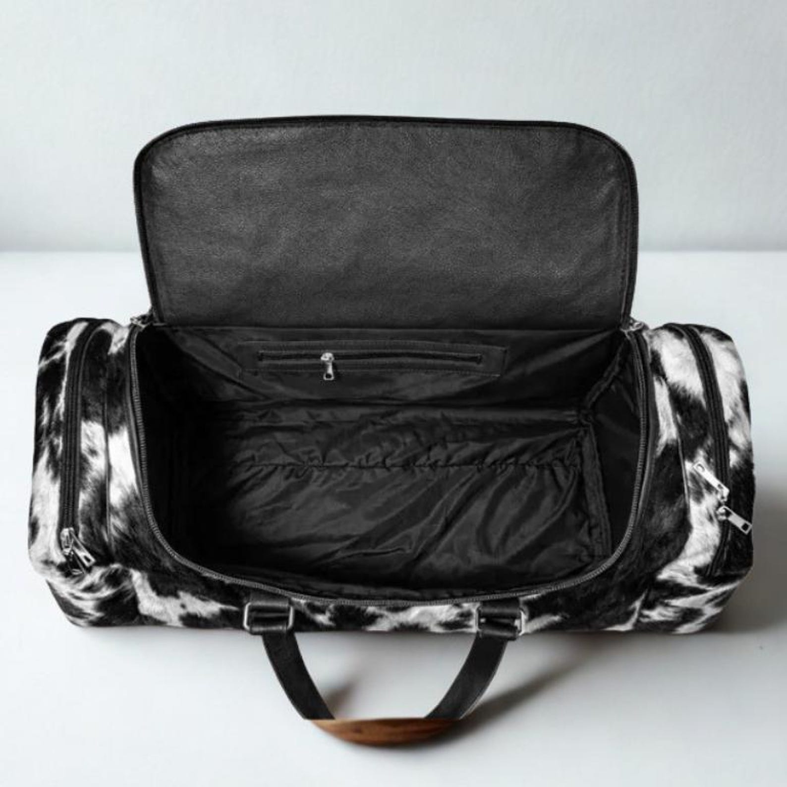 Black White Cowhide Duffle Bag  Leather Western Weekender Travel Bag 22