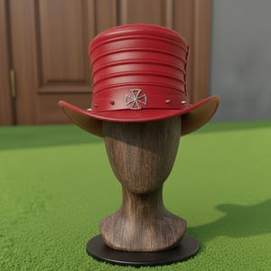 Handmade Red Leather Steampunk Top Hat  Gothic Studded Victorian Festival Hat for Men Women