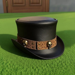 Handmade Mens Black Leather Top Hat Skull Studded Steampunk Gothic Cosplay