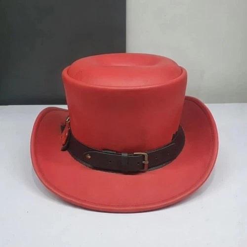 Premium Genuine Leather Top Hat Red Skull Band Gothic Steampunk Costume