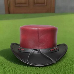 Handmade Red Leather Top Hat Gothic Steampunk Victorian Cosplay Festival Hat