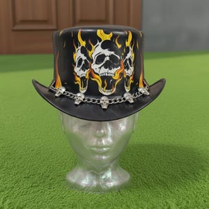 Handmade Black Leather Skull Top Hat With Flames Steampunk Gothic Rocker Festival Hat