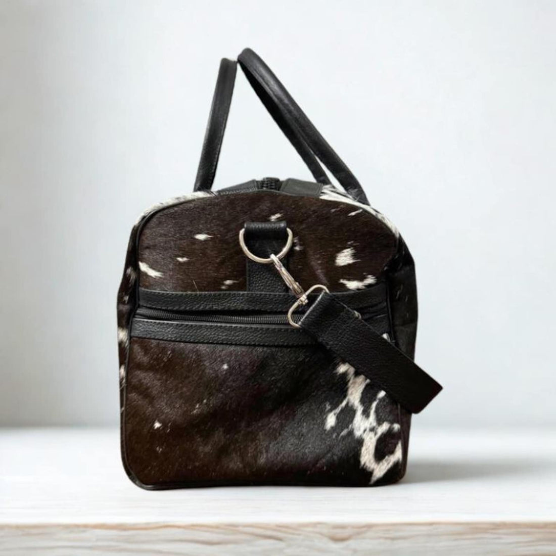 Black and White Cowhide Duffle Bag Handmade Hair on Leather Travel Bag