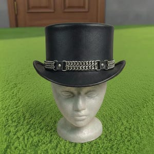 Handmade Black Leather Top Hat with Chain Gothic Steampunk Victorian Cosplay