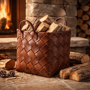 Handmade Brown Storage Leather Basket Firewood Vintage Woven