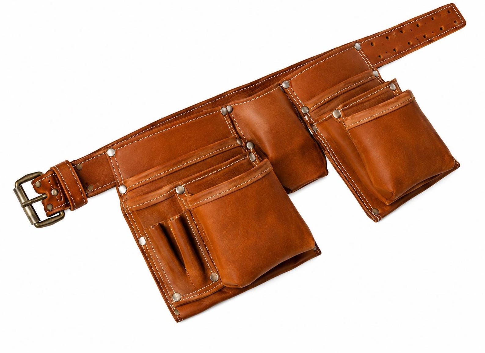 Durable Tan Brown Leather Tool Belt with Multiple Storage Pockets