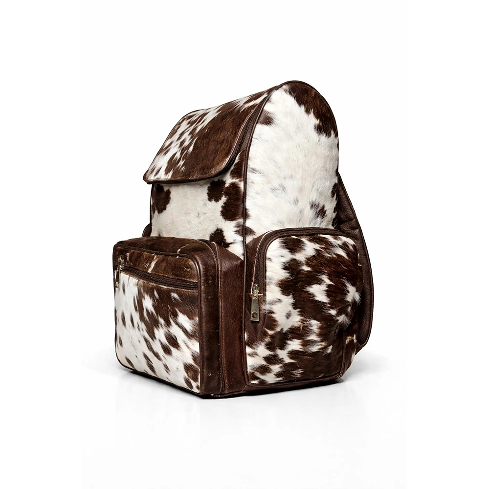 Handmade Genuine Cowhide Backpack  Brown & White Spotted Leather Backpack  Large Western12