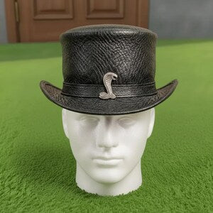 Handmade Black Leather Top Hat Gothic Steampunk with Metal Emblem Cosplay Festival Style