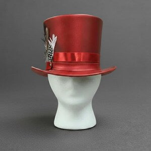 Handmade Red Leather Top Hat With Feathers Steampunk Victorian Festival Cosplay Hat