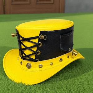Handmade Yellow Leather Black Corset Top Hat Gothic Steampunk Style Hats