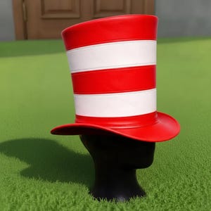 Handmade Red White Striped Tall Top Hat Leather Festival Costume Statement Hat