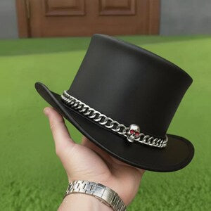 Handmade Leather Top Hat Black Gothic Steampunk Hat with Skull Chain
